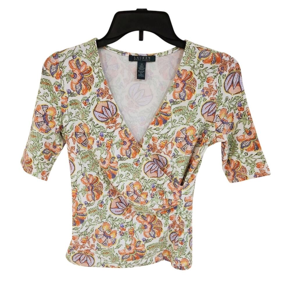 Lauren Ralph Lauren Top Faux Wrap Floral Print Short Sleeve Cotton Stretch XS